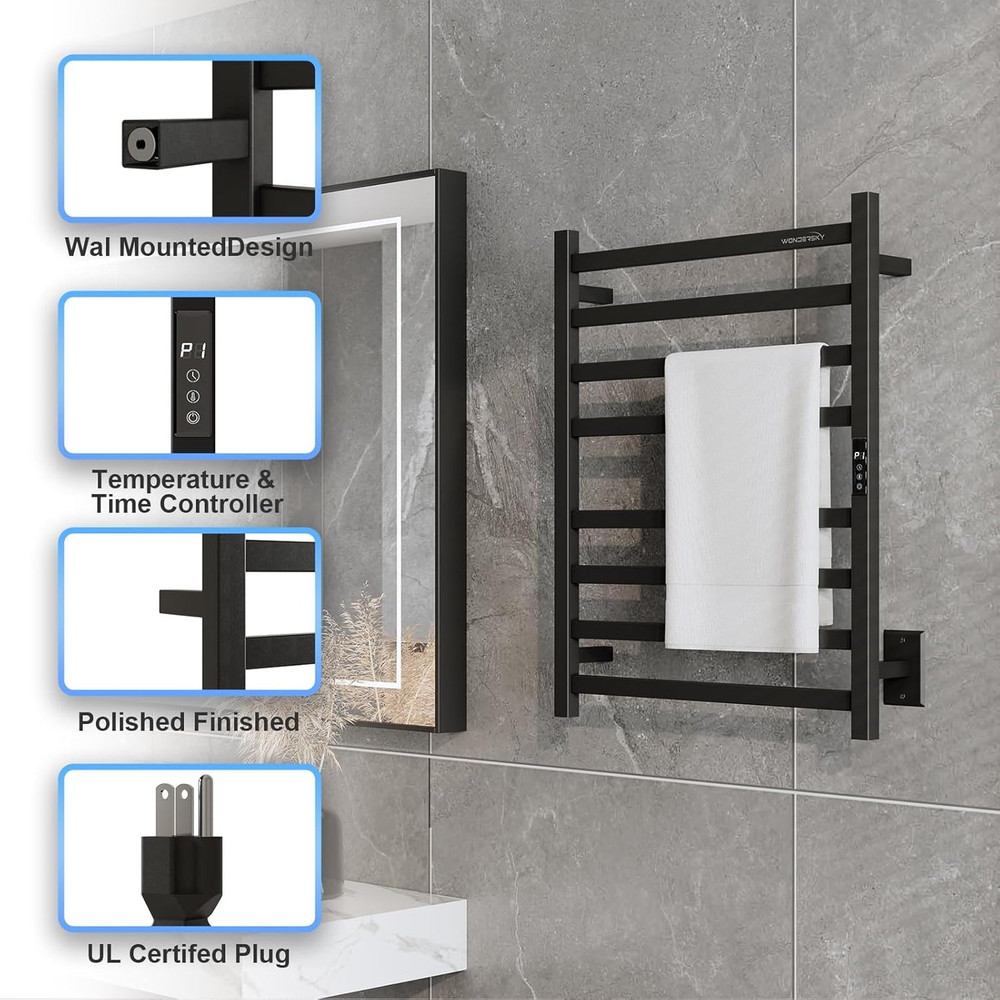 WONDERSKY Towel Warmers for Bathroom, Electric Heated Towel Rack, Wall Mounted Waterproof Towel Warmer Rack with Timed&Temperature Controlle