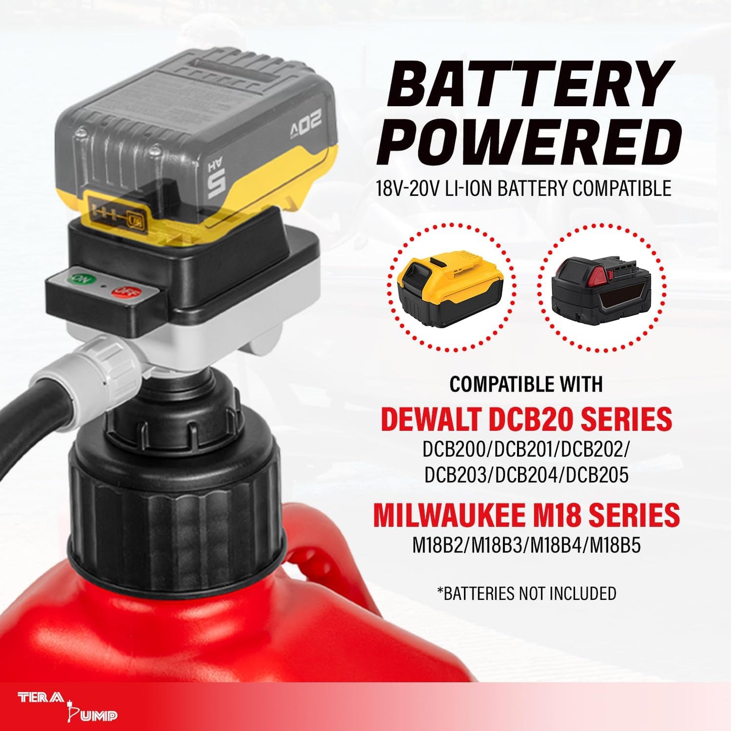 Battery Powered Liquid Transfer Pump (4.0 GPM) – Cordless Pump Compatible with DeWalt 20V & Milwaukee 18V Batteries, Automatic Shutoff Sensor, 51” Heavy-Duty Rubber Hose, 4 Adapters AutoStop Ergonomic Nozzle