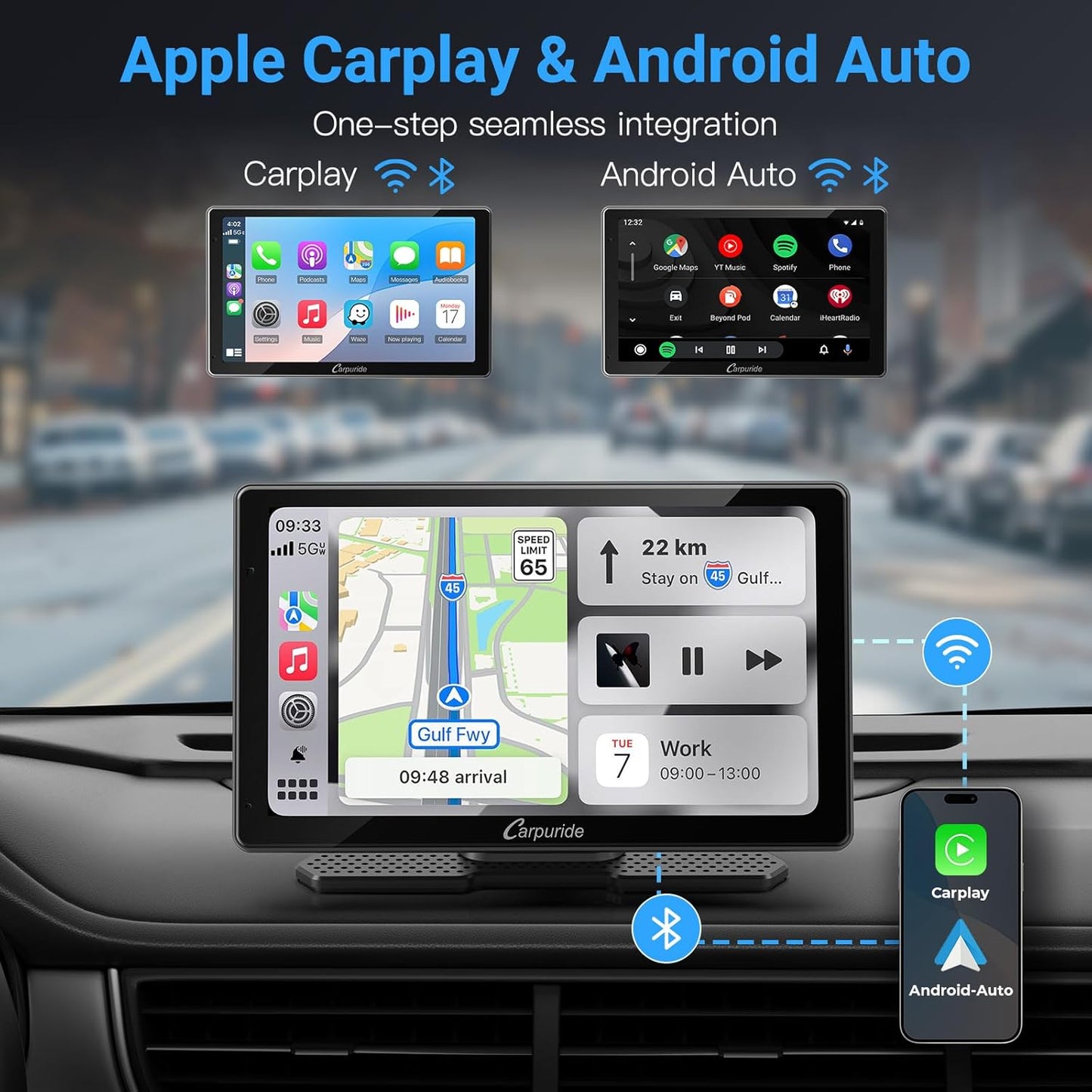 W703 Wireless CarPlay for Apple CarPlay & Android Auto, 7'; IPS Portable Car Audio Receivers with 4K Front and 1080P Backup Cam, Loop