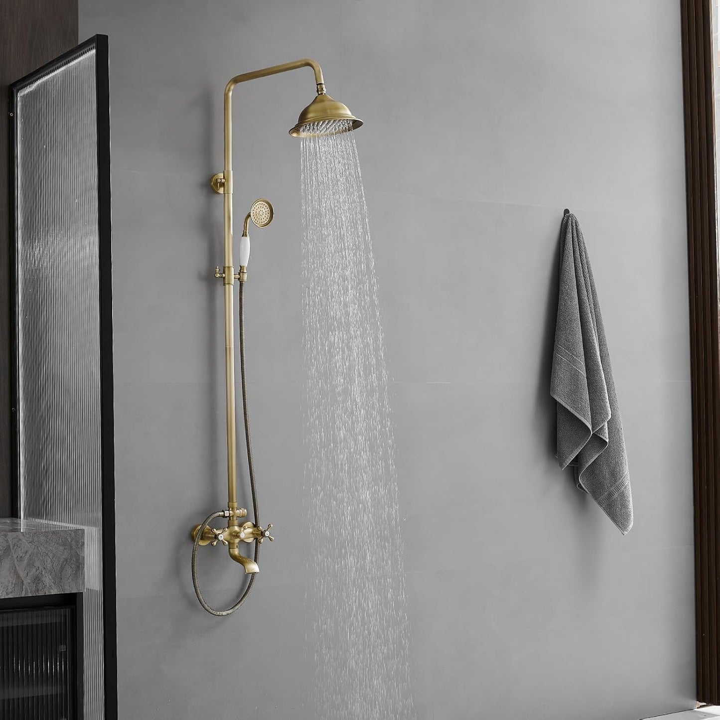 Bathfinesse Outdoor Shower Faucet Antique Brass, Bathroom Shower System Set with 3 Shower Function, Exposed Pipe Shower System, Wall Mount (Antique