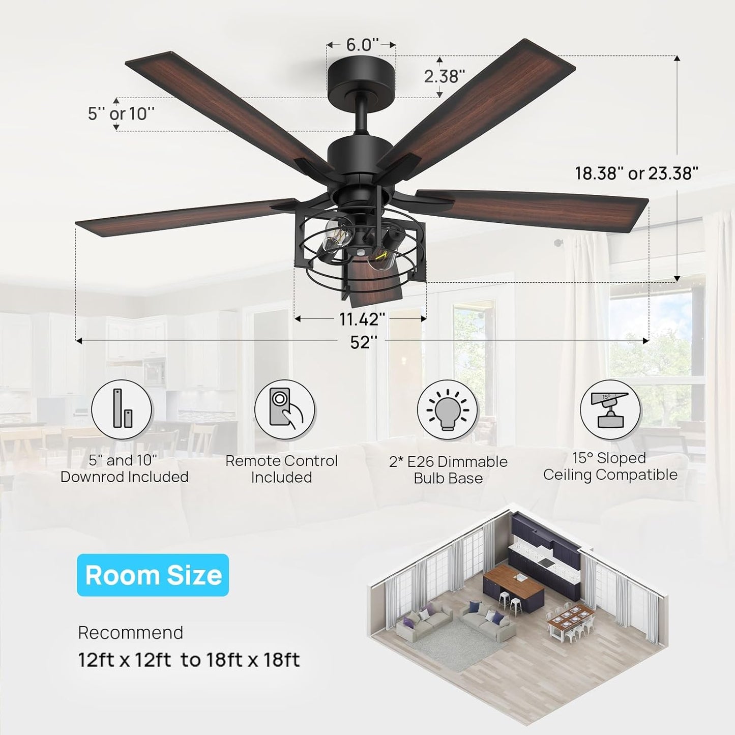 Consciot 52 Inch Ceiling Fan With Lights, Farmhouse Indoor Ceiling Fan With Remote, Quiet Reversible DC Motor, 5 Double Finish Wood Blades, Dimmable