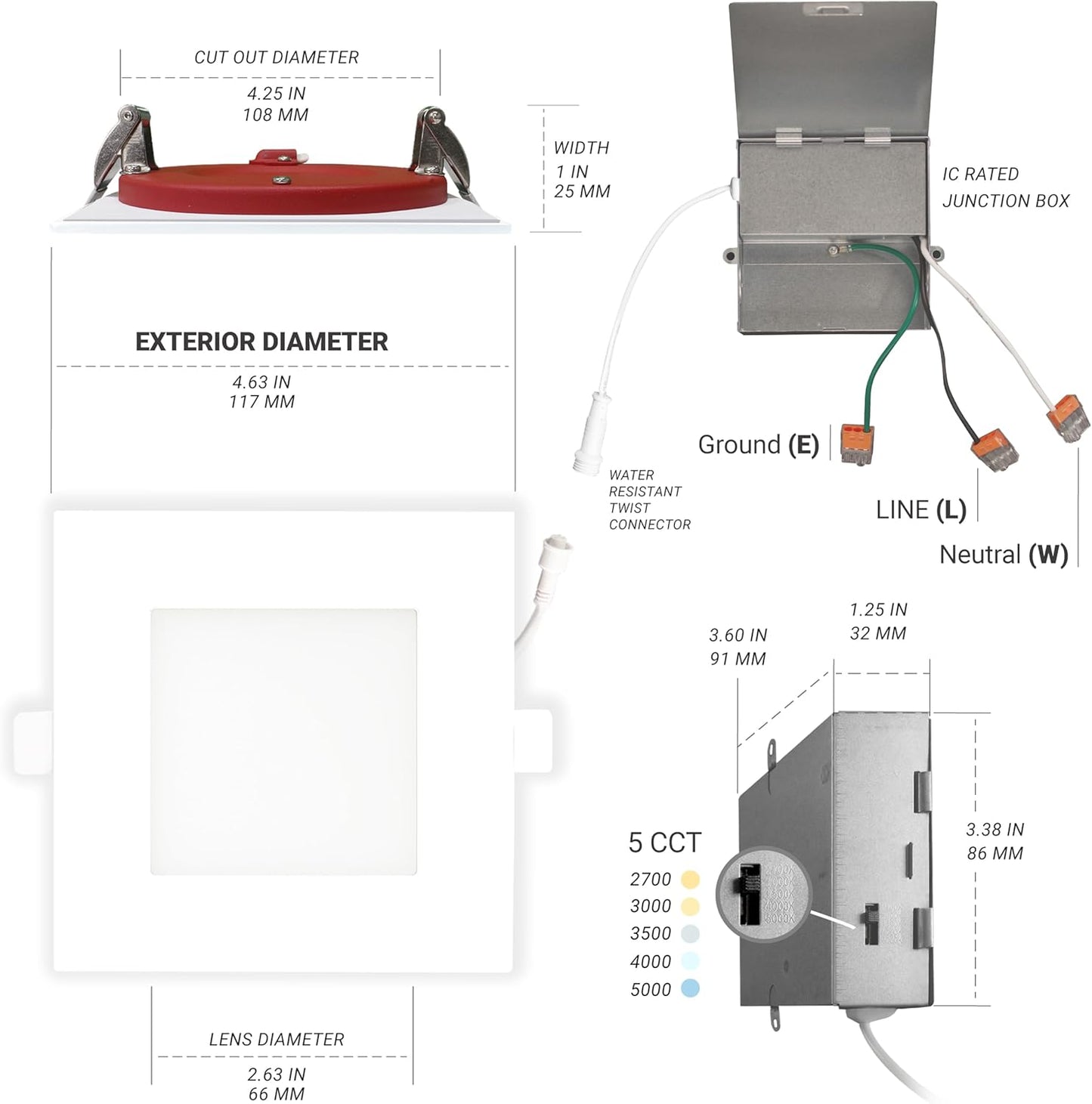 NUWATT 4 Inch 2 Hour FIRE Rated LED Recessed Light, 5CCT 2700K/3000K/3500K/4000K/5000K Selectable, 900 Lumen, Dimmable, IC Rated, Square Ultra-Thin