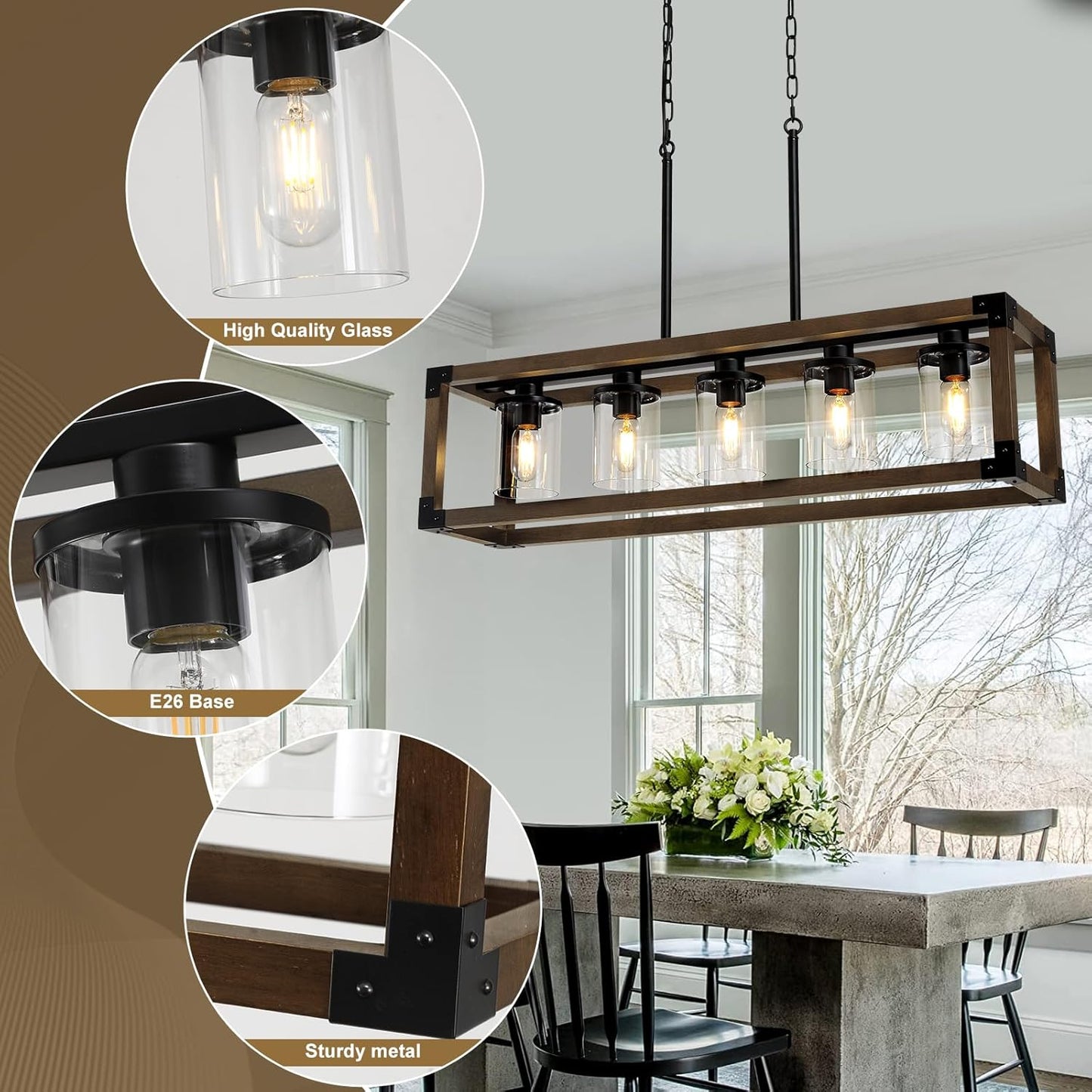 5-Light Kitchen Island Lighting, 35.4-Inch Hanging for Farmhouse Linear Chandeliers,Dining Room Light Fixture/Chandelier Over Table,Black Rustic