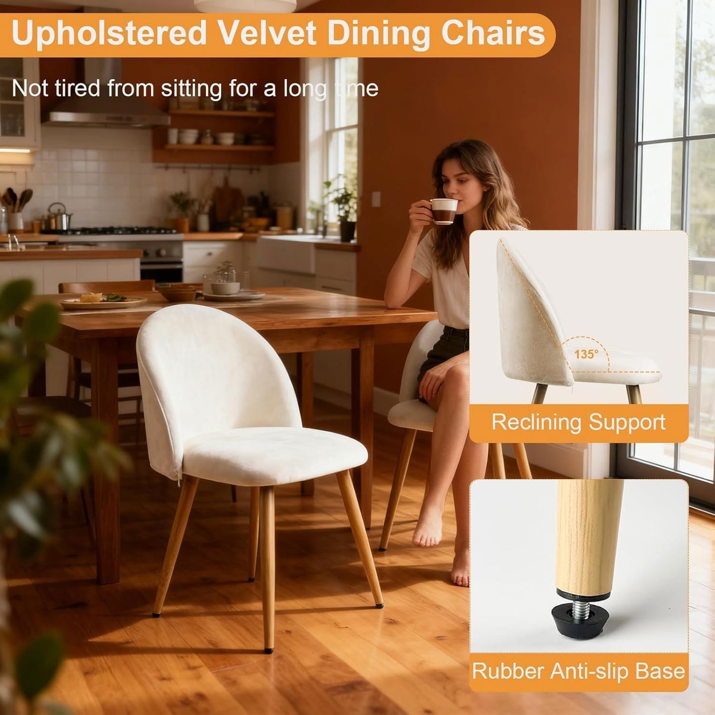 Lightdot Dining Chairs Set of 2, Velvet Comfortable Seats, Mid-Century Modern Living Room Chairs, Upholstered Kitchen Chairs with Wooden Legs and Padded Seat for Bedroom Office, Easy Assembly, Beige