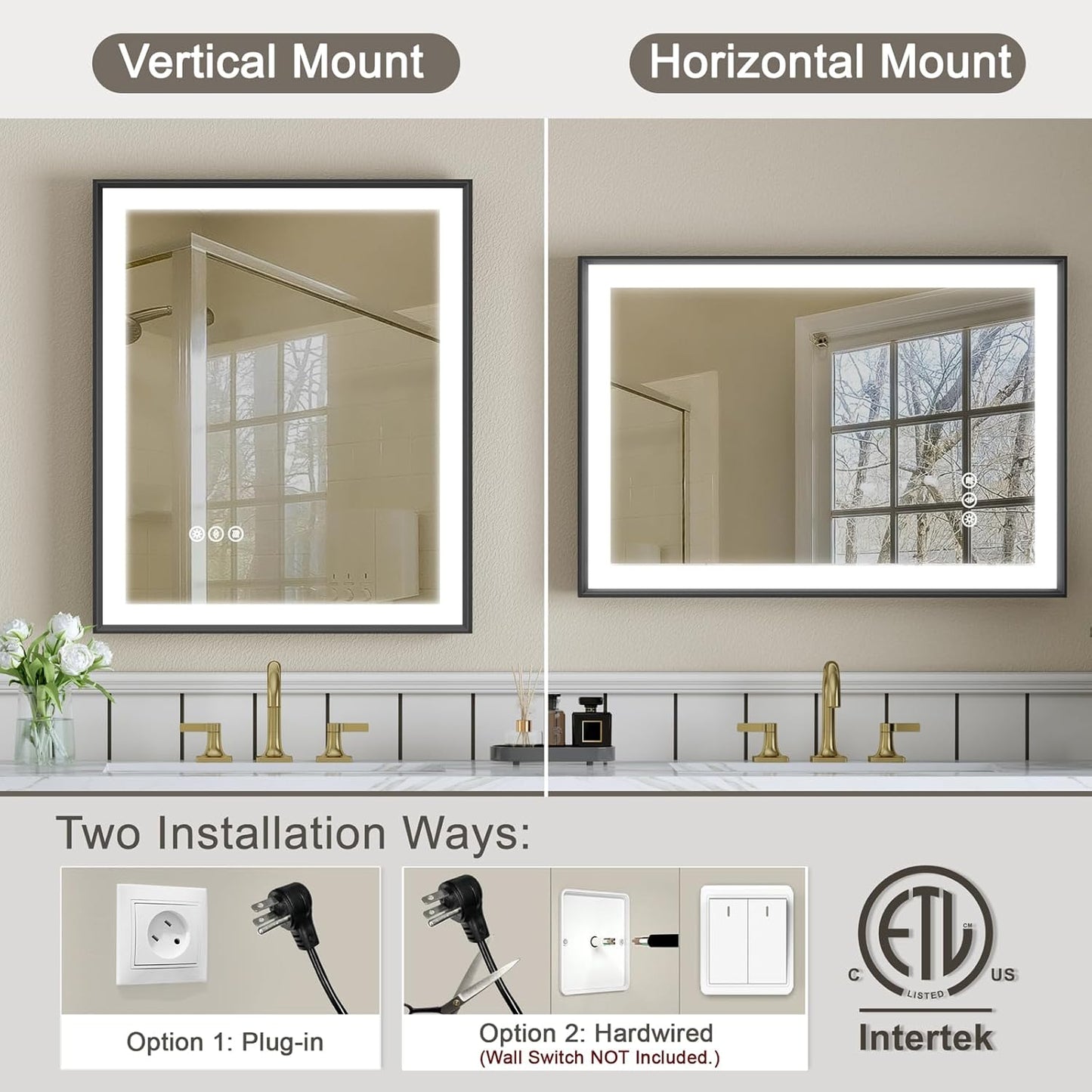 Black Framed Bathroom Mirror with Light, Aluminum, Beveled Vanity Mirror, Front Light, 3 Colors, Dimmable, Anti-Fog, Shatter-Proof Tempered Glass, E