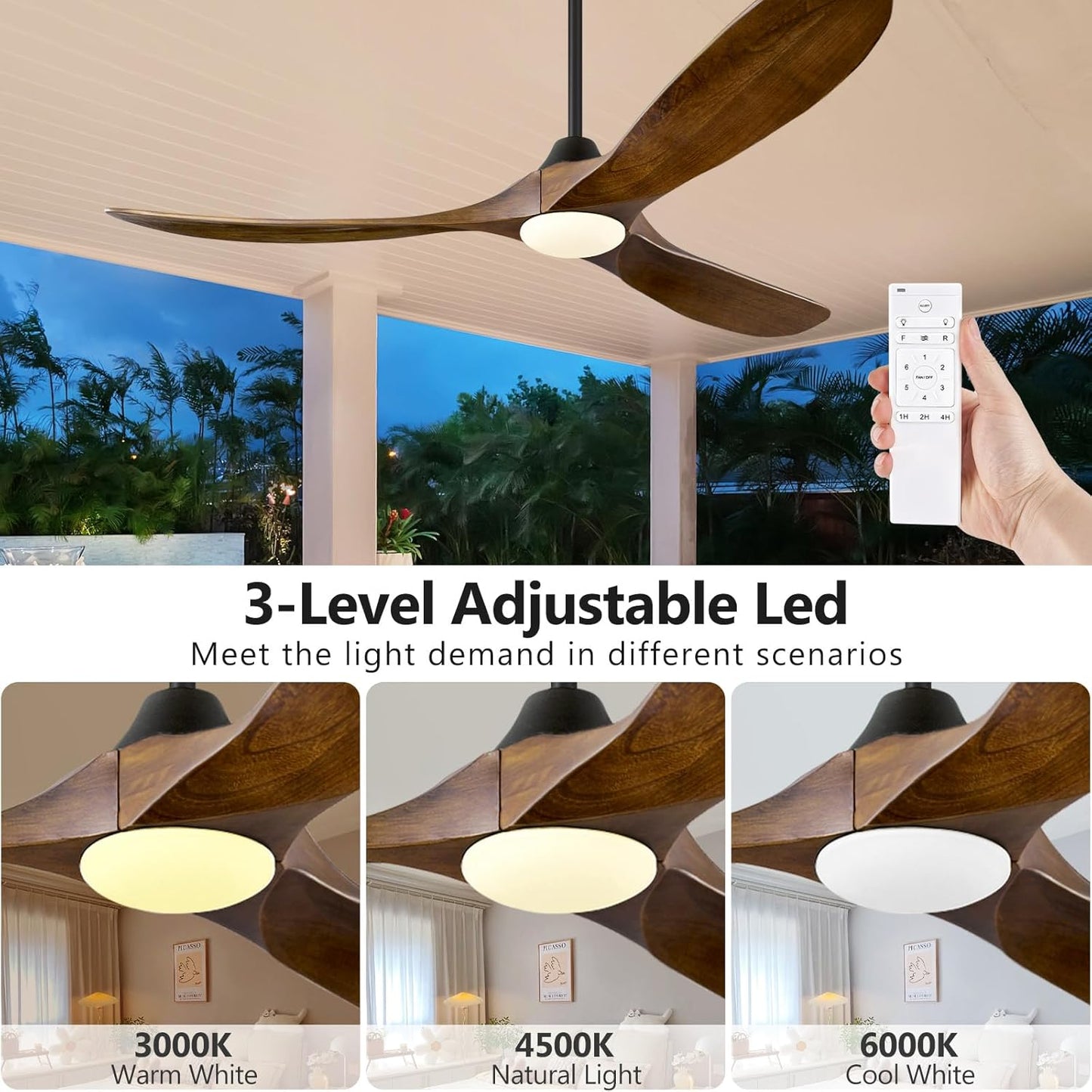 ABZ Ceiling Fans with Lights - 60 inch Propeller Ceiling Fan with Remote Control, 3 Blades Walnut Solid Wood Ceiling Fan for Indoor Outdoor Patio