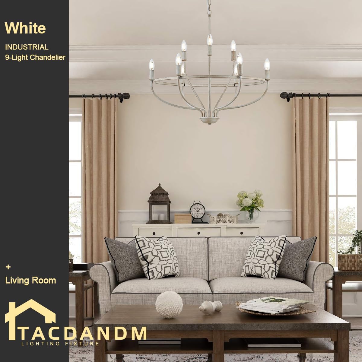 TACDANDM 28.35'' White 9-Light Round Candle Chandelier Farmhouse Rustic Vintage Pendant Light Adjustable Metal Hanging Light for Hallway Entryway