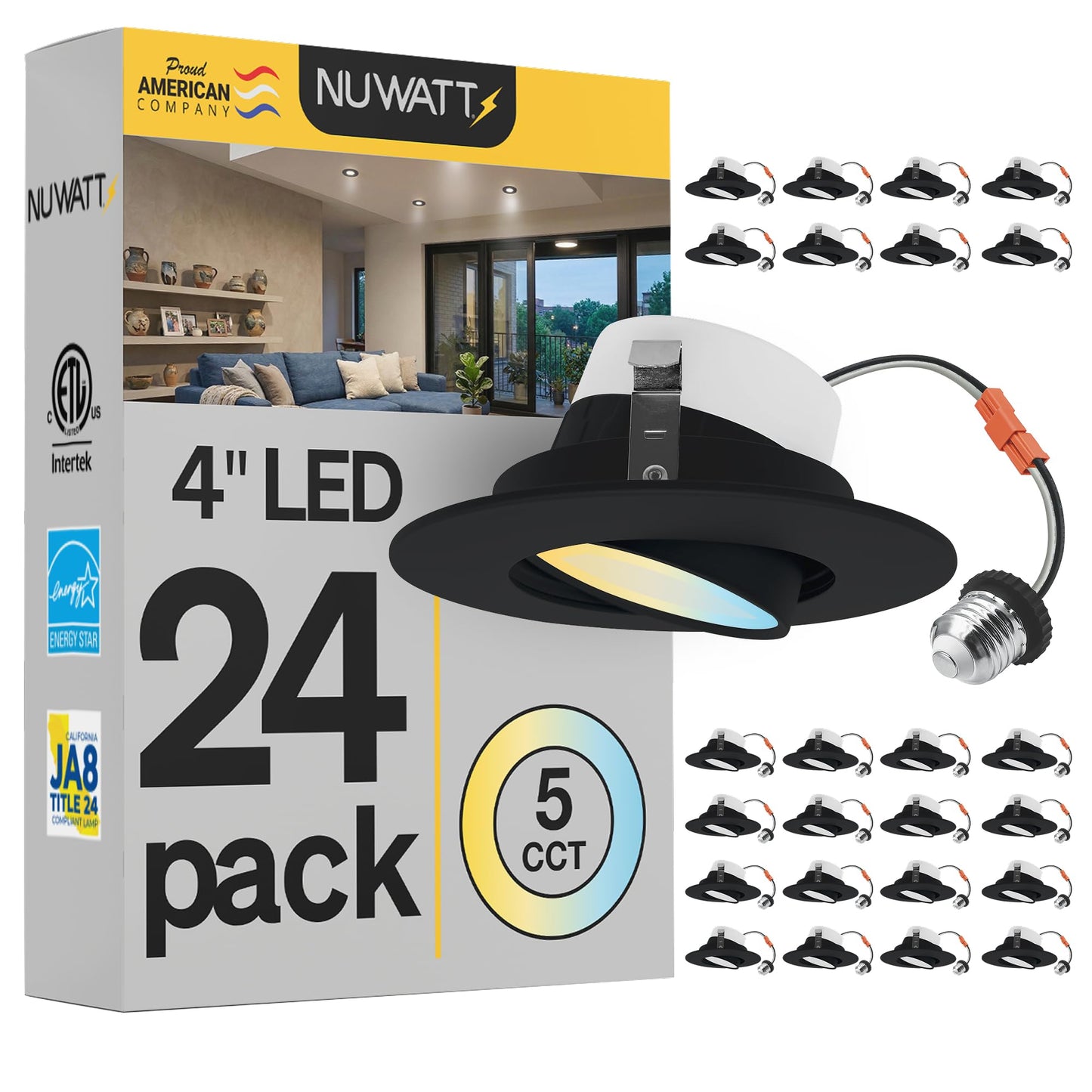24 Pack Retrofit 4 Inch Gimbal LED Recessed Light White Trim, High Lumen, 750lm, 10W, 5CCT 2700K/3000K/3500K/4000K/5000K Selectable, Dimmable, Adjustable Lens Eyeball Downlight, ETL Listed