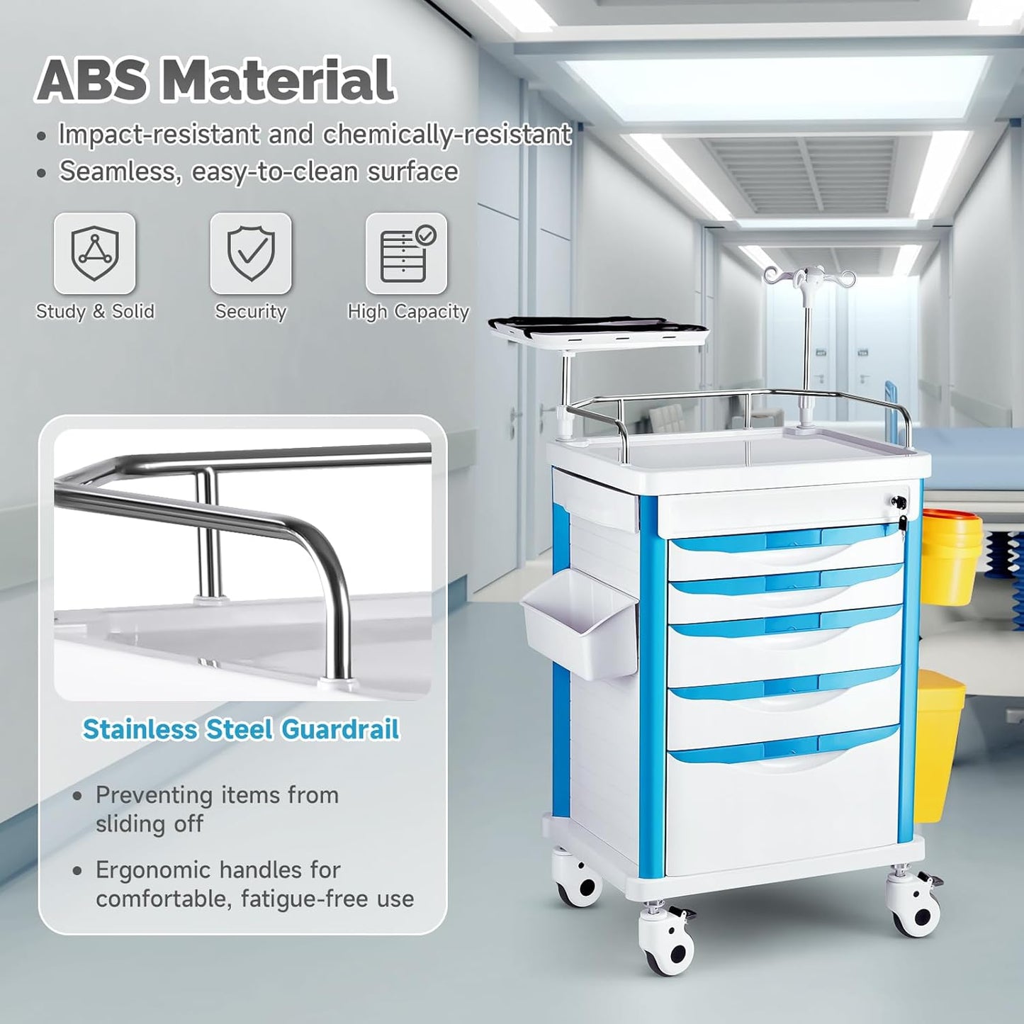 Crash Cart Medical ABS Material, Medical Cart with Drawers, Adjustable IV Pole, Silent Casters, Trash Bins, O2 Holder, Needle Disposal Holder, CPR Board, Nursing Cart for Hospital Clinic 5 Drawers