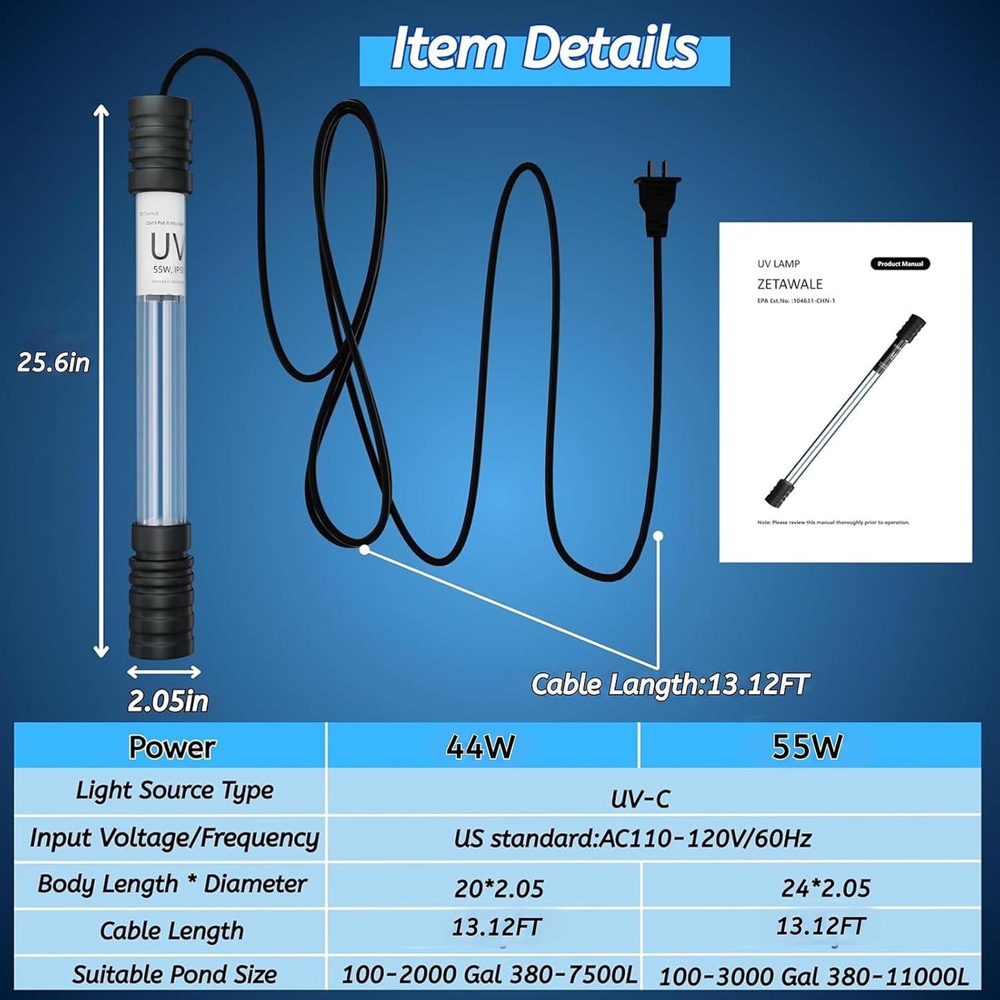 55W Pond UV Light for Fish Tank for 2000-5000 Gallon