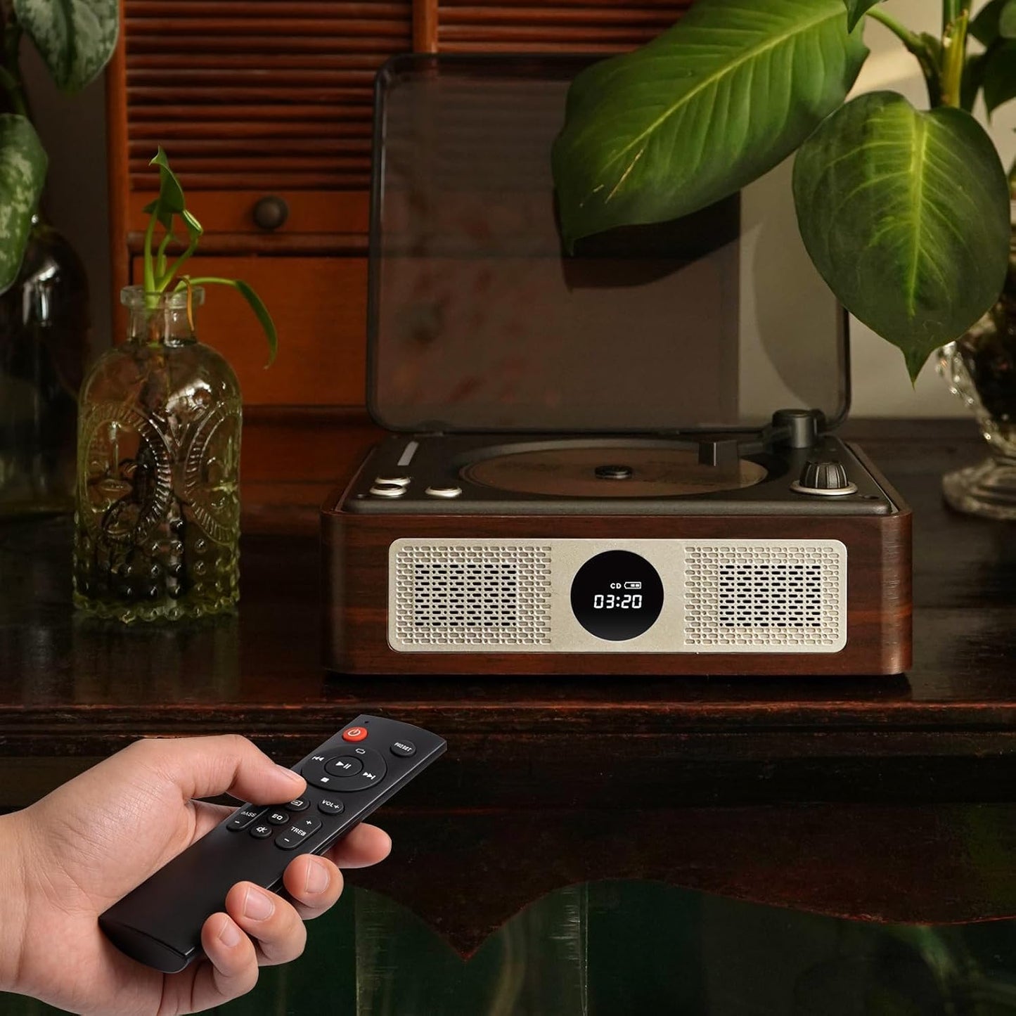 Y11 Retro CD Player with Bluetooth, Portable Desktop CD Player for Home with Dual HiFi Speakers & Remote Control, USB/AUX/SPDIF Output, Brown