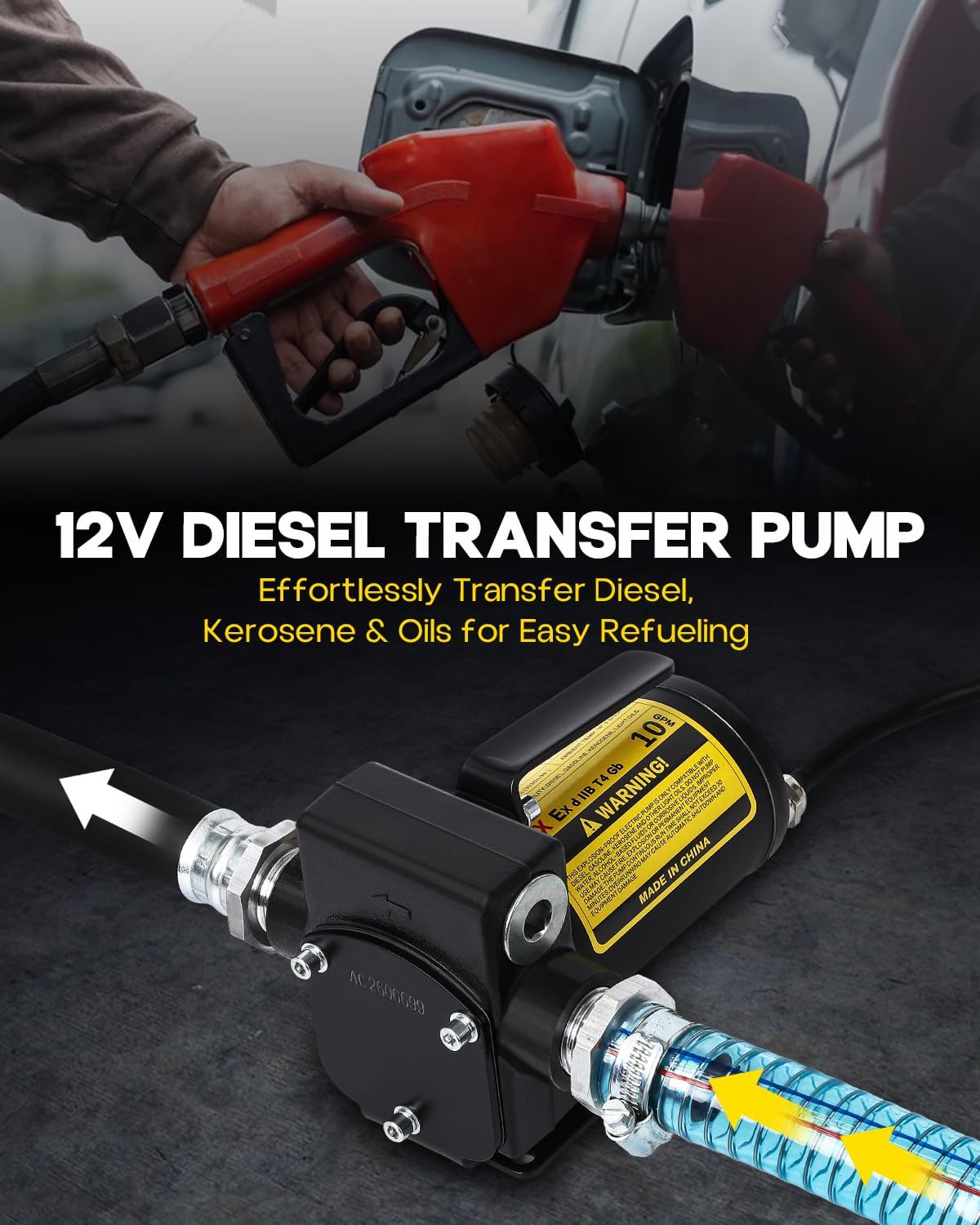 12V 10 GPM Electric Fuel Transfer Pump with Auto Shut-Off Nozzle