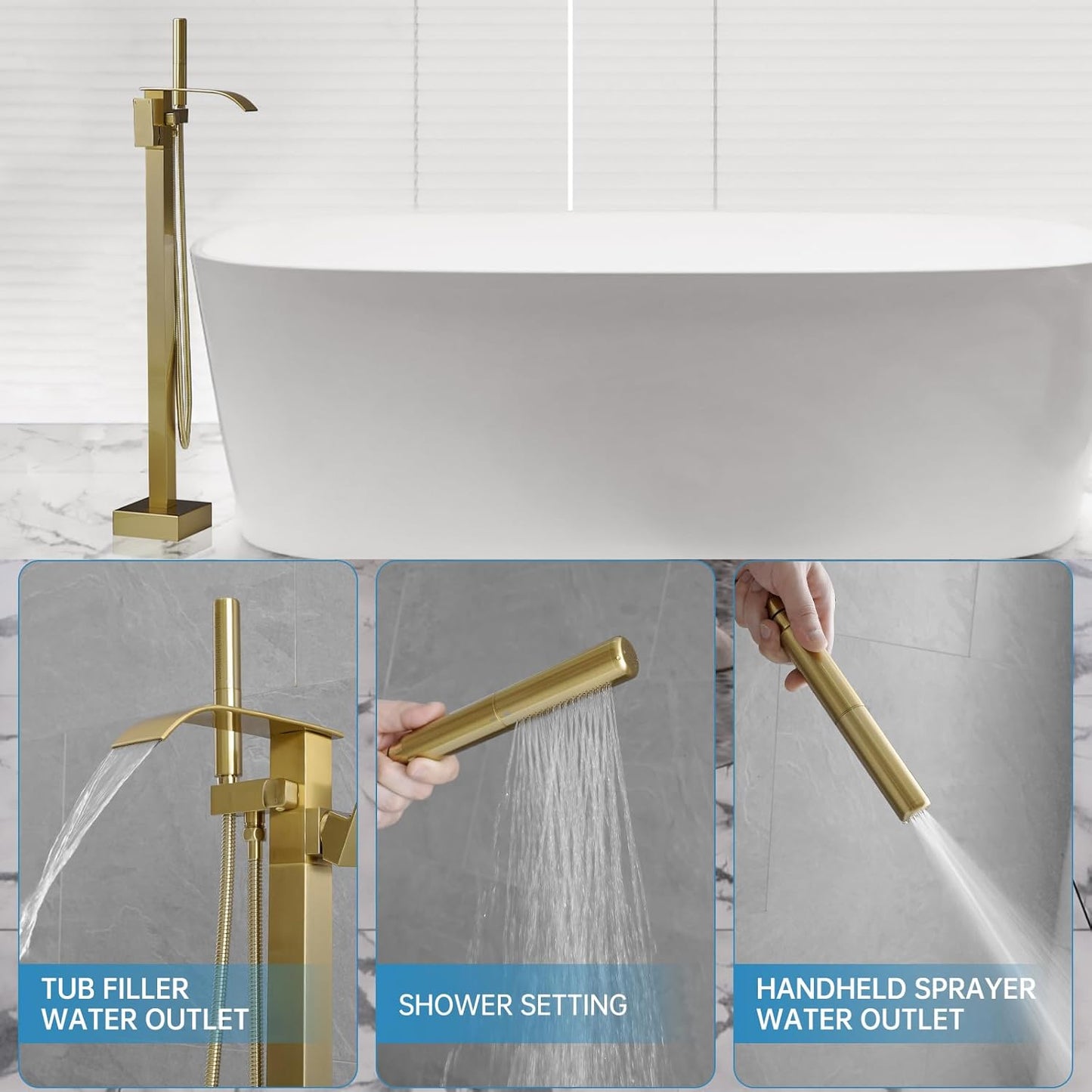 Tub Filler Freestanding Bathtub Faucet Brushed Gold Floor Mount Tub Faucet Waterfall Bathtub Filler with CUPC Certified High Flow Brass Bath Shower Fa