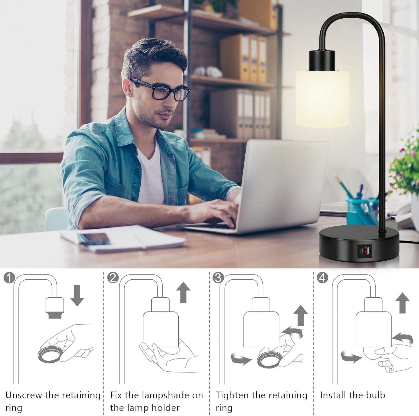 urophylla Industrial Touch Control Table Lamps, Bedside Desk Lamps with Memory Function, Vintage Nightstand Reading Lamp for Bedroom, Living Room,