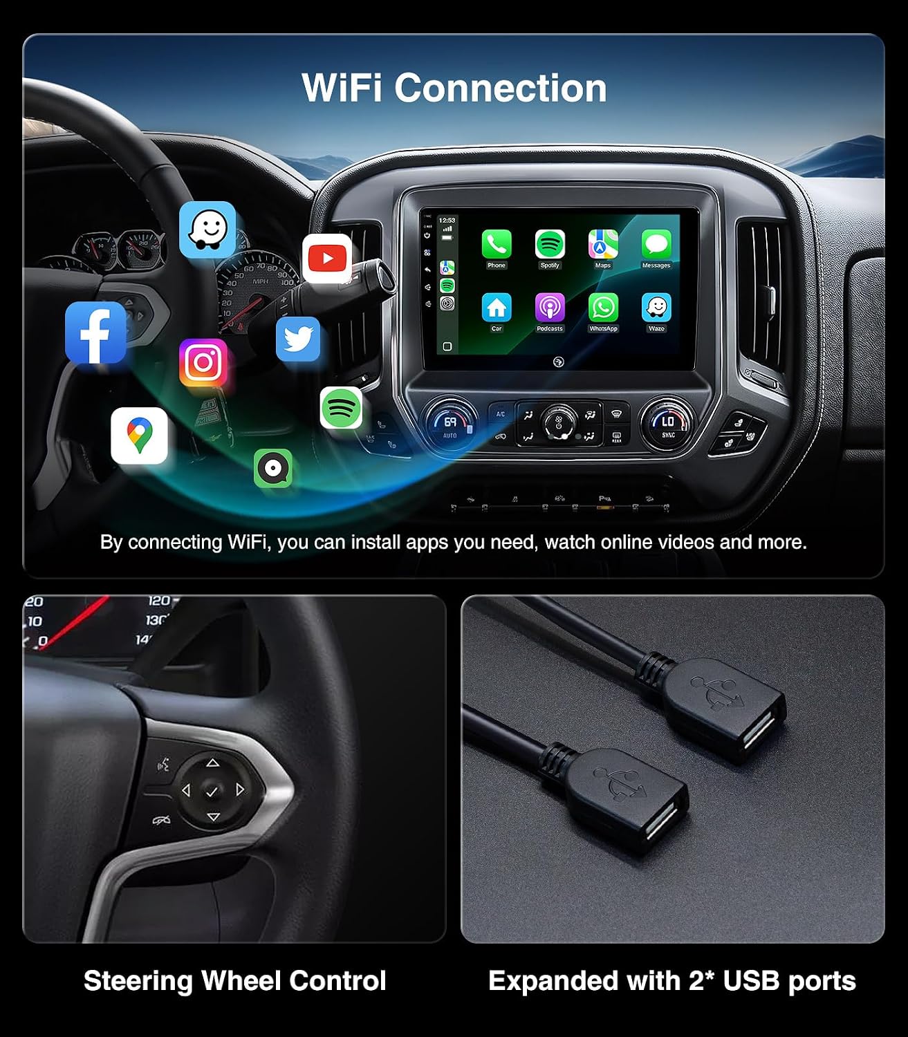 10.2'' Car Stereo Radio for GMC Sierra Chevy Silverado 2014-2018 | HD Touchscreen Carplay/Android Auto/GPS/Bluetooth/AM/FM Radio/HD Backup Cam/SWC