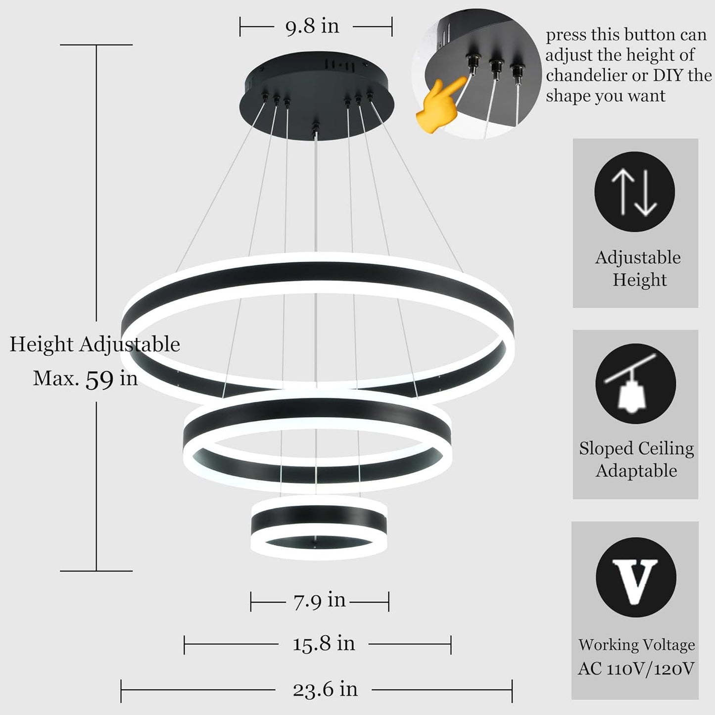 Upfelw Modern Dimmable Led Chandelier with 3 Ring, D23.7'' Adjustable Contemporary Hanging Ceiling Light Fixture for Living Room Bedroom Dining Room