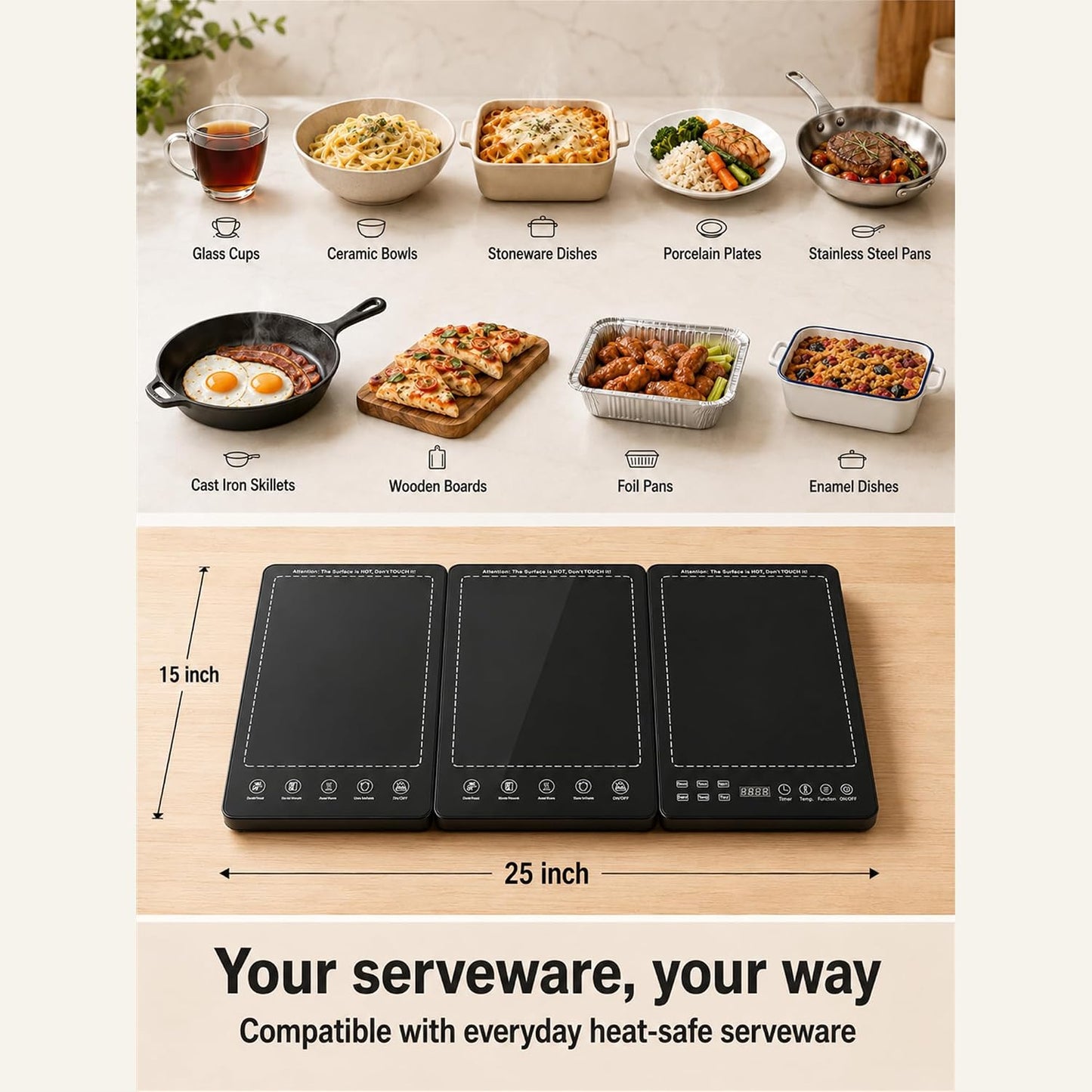 Modular Warming Tray 3-in-1, 25" x 15" Electric Food Warmer for Parties, Tempered Glass Food Warming Mat with 86-248°F Temp, 1-24H Timer for Buffets & Family Dinners