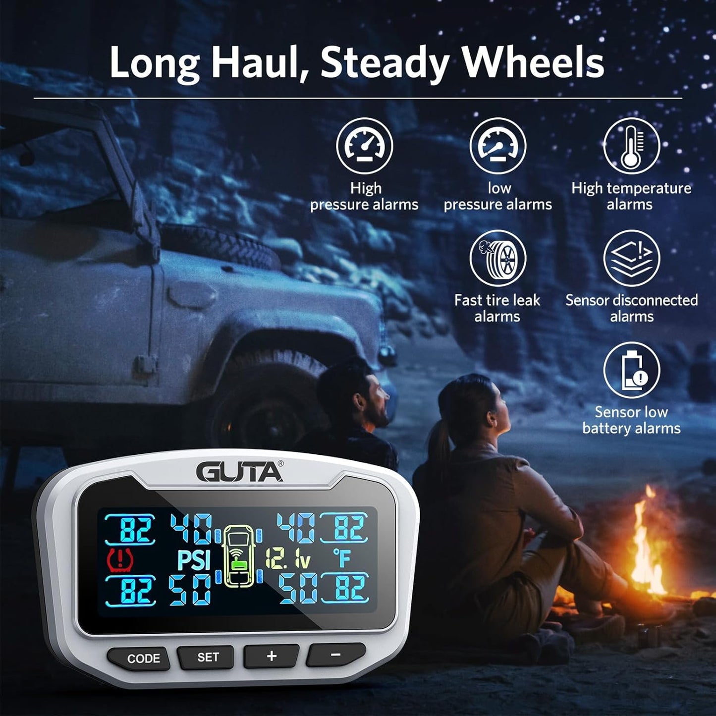 GUTA RV Tire Pressure Monitoring System, Trailer TPMS, 6 Sensors, 6 Alert Modes, Long Range Signal, CLA Charging & 2 USB-A Outputs, Adjustable LCD