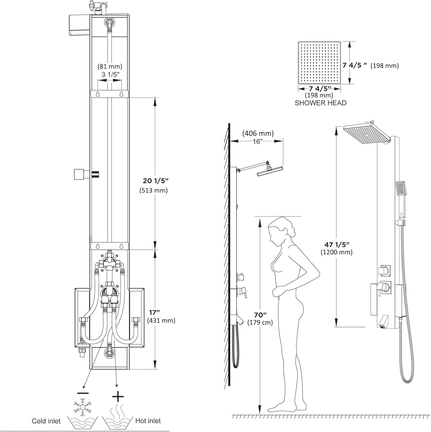 48' Stainless Steel SPS822A Shower Panel Tower Column with Rainfall Shower Head and Spout