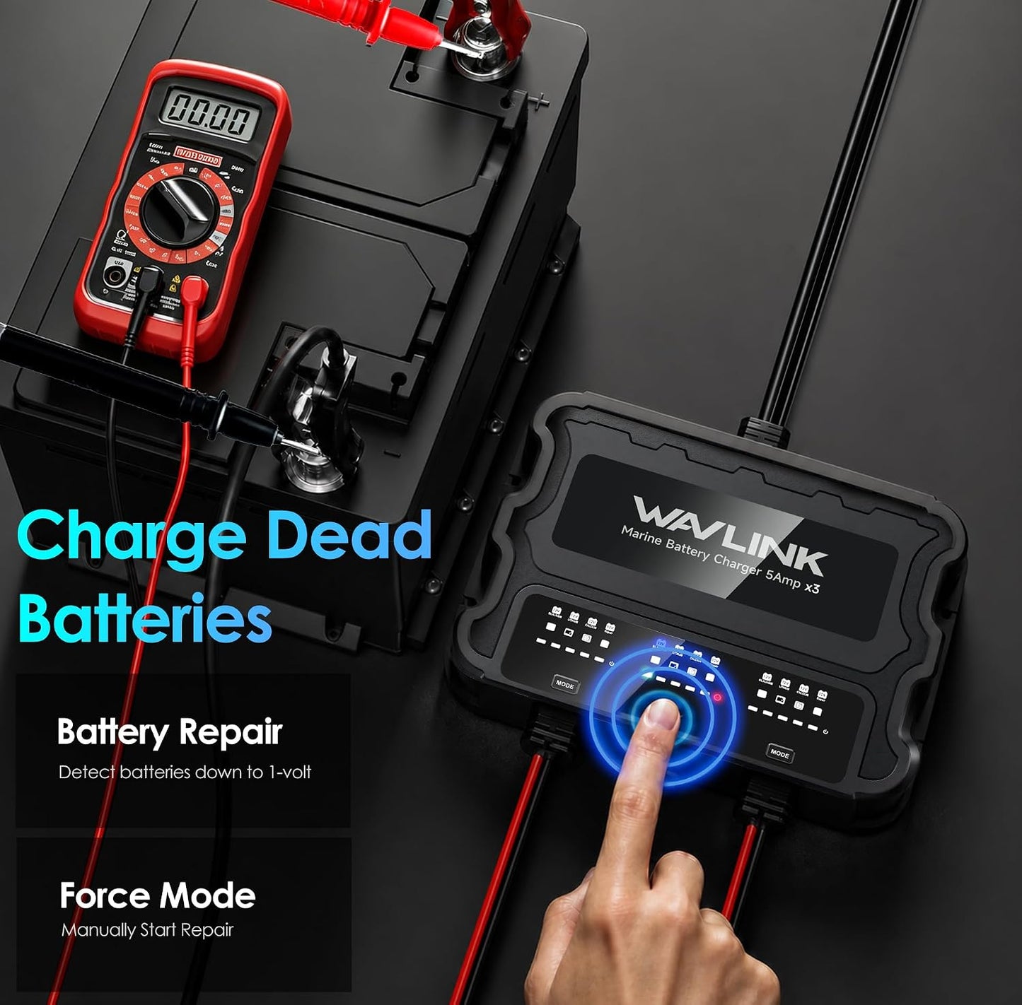 3 Bank 15A Marine Battery Charger 12V IP68 Onboard Battery Charger | 5A Per Bank, Multi-Stage Charging & Desulfating Repair, Multi-Protection, Compatible with SLA/AGM/LiFePO4/Calcium Batteries