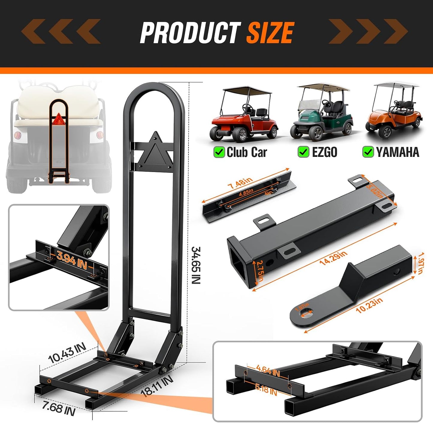 Golf Cart Trailer Hitch with Rear Seat Grab Bar, Fits Club Car EZGO Yamaha(2+2) /(4+2) Cart with Metal Footplates, Universal Golf Cart Safety Grab Bar & Tow Hitch, Detachable&Rust-Resistant | Detachable&Rust-resistant
