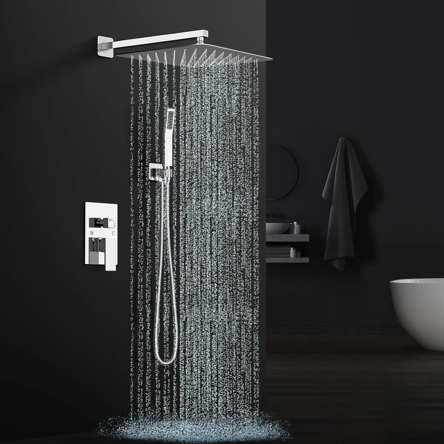 Baetuy Shower Faucet Set, 16 Inch Rainfall Shower System With full metal hand shower and square fixed shower Wall Mounted Shower Fixtures Polished