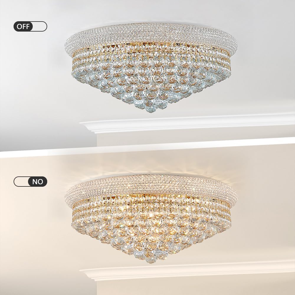 TMAFON Modern Gold Ceiling Crystal Chandeliers - Diameter 24 inch Semi Fulsh Mounted Chandelier Light Fixtures for Living Dining Room, Bedroom