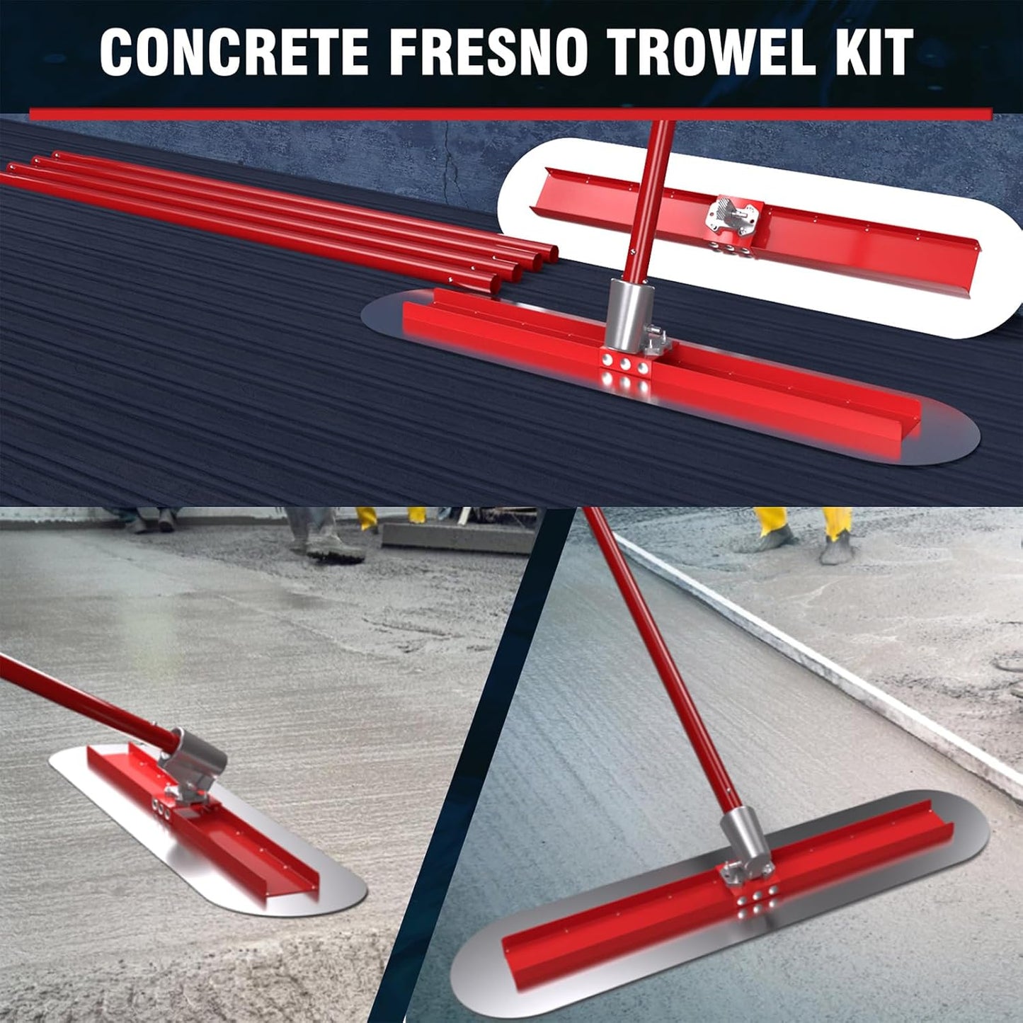 Concrete Bull Float Tool Kit with 48x12 inch Round End Fresno Trowel, Stainless Steel Board, 4 Extendable Aluminum Alloy Poles and Tilt Bracket