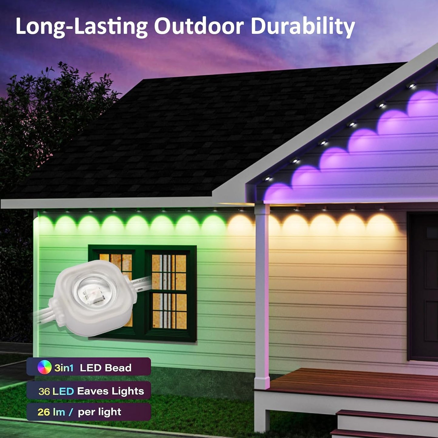 50FT Permanent Outdoor Lights, Smart RGB Color-Changing LED Eaves Lights, Waterproof Exterior Lights for House Trim, App Control, Perfect for Game