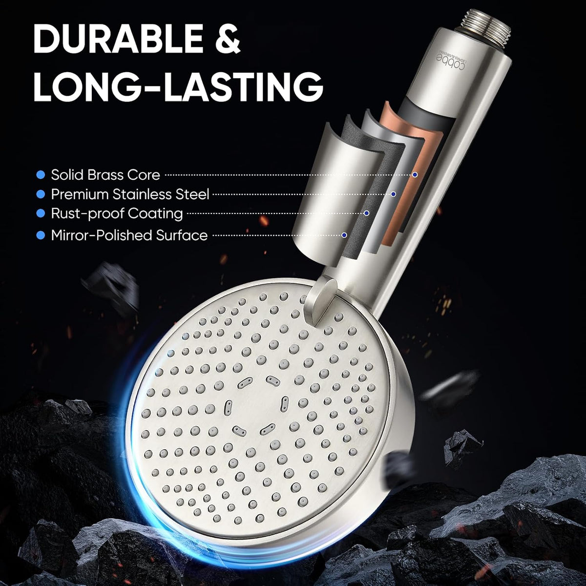Cobbe® All Metal Handheld Shower Head, 3 Spray Settings, 1.8GPM