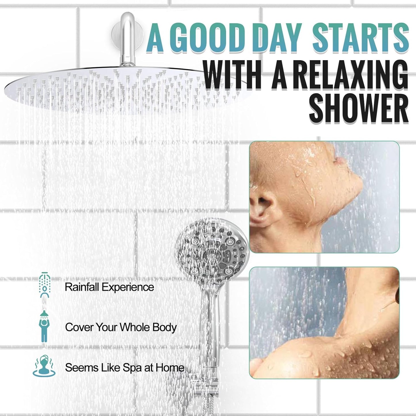 SR SUN RISE Shower System, 12 inch Multifunction Shower Faucet Set, 6 Setting High Pressure Handheld Rain Shower Head Kits, Valve Included - Push