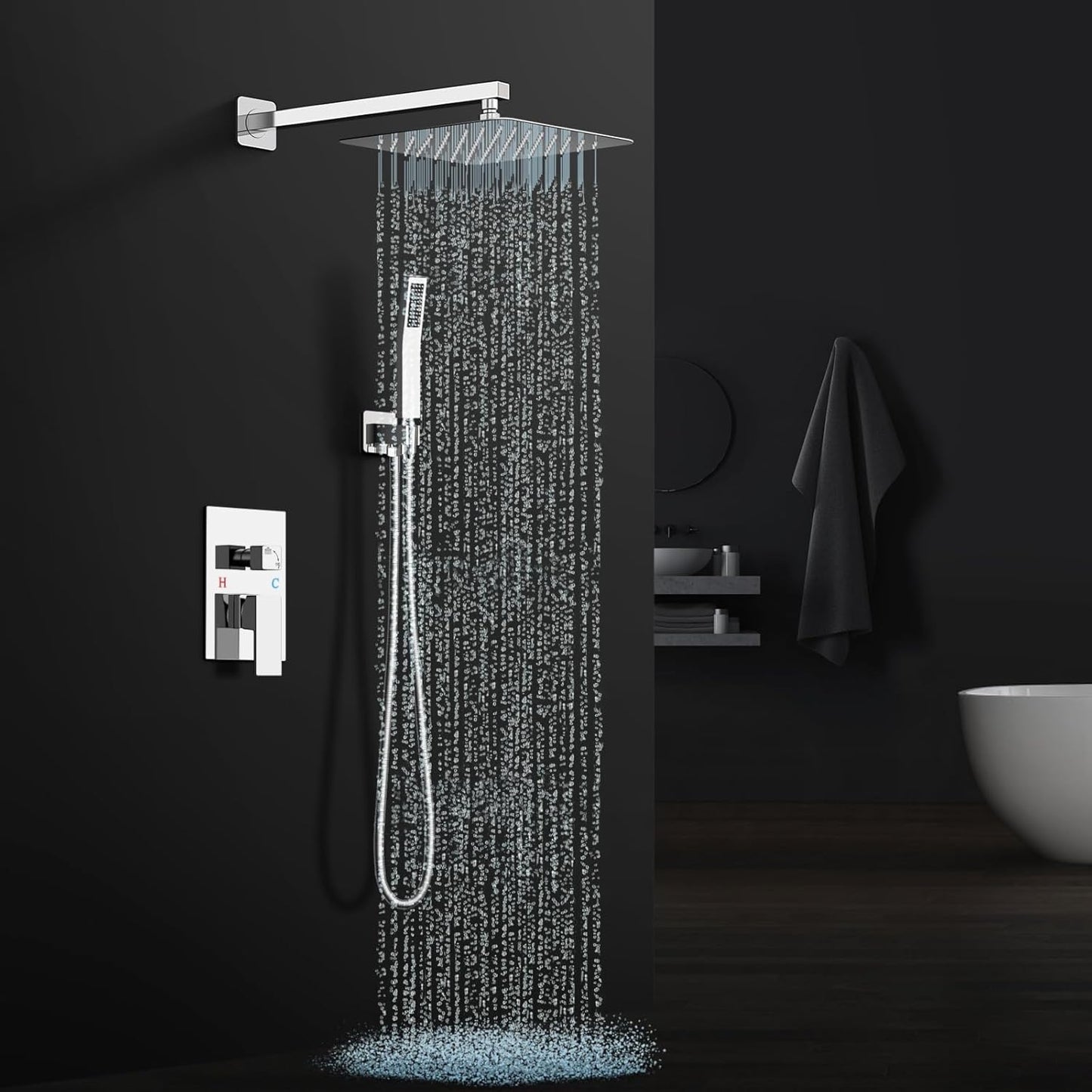 Baetuy 12 Inch Shower Faucet Set, Rainfall Shower System with High Pressure Handheld Shower Head and Square Fixed Shower Head,Spray Wall Mounted