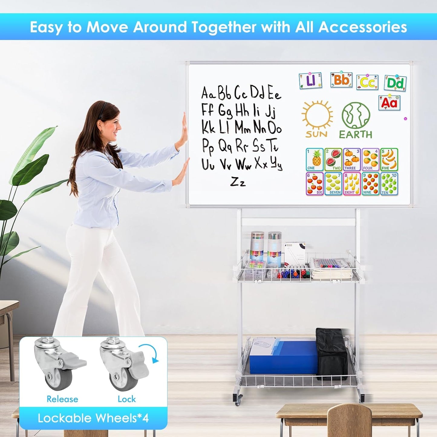 maxtek Rolling Whiteboard, 48x32 Large Magnetic White Board with Stands, Big White Board Dry Erase on Wheels with Baskets for Classroom, Office,