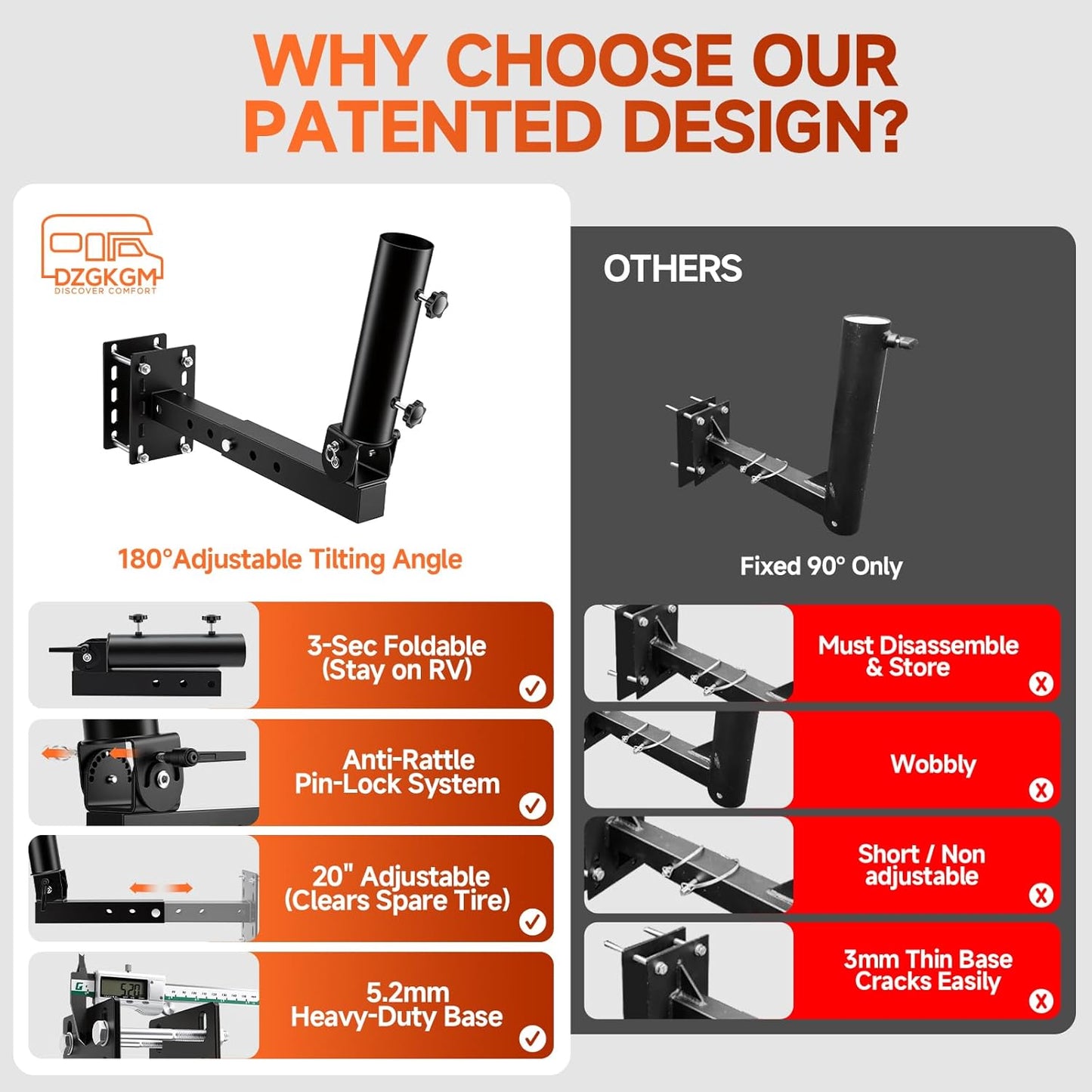 RV Flag Pole Mount, Heavy Duty 180° Adjustable Folding RV Starlink Holder Bracket for 2" Receiver, Trailer Bumper, Hitch, A-Frame, Tongue 5IN1 - Stable Internet & Flag Display for Camping