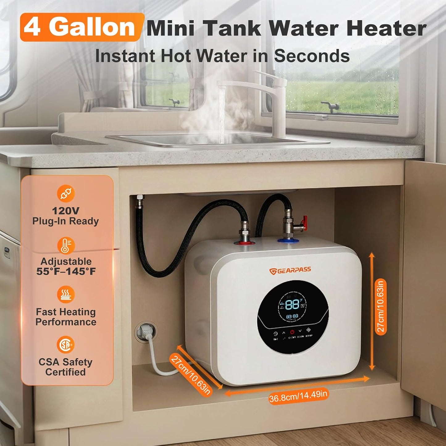 4 Gallons Electric Mini Tank Water Heater 120V 1500W, Small Under Sink Water Heater, Adjustable 55–145°F, Fast Heating, CSA Certified, Wall or Floor Mount for Kitchen, Bathroom, RV