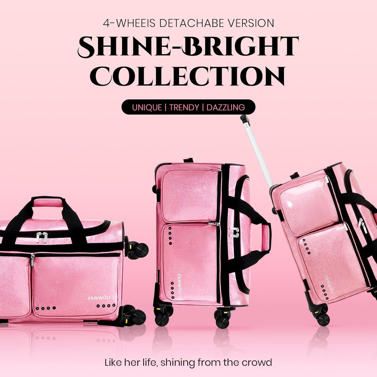 Fanwoli 23" Rolling Dance Duffel Bag with Garment Rack | Detachable 4-Spinner Wheels | Waterproof Glitter Fabric | Competition Travel Luggage for Cheerleader, Skating, Gymnast & Sleepover | Pink Sparkling Pink