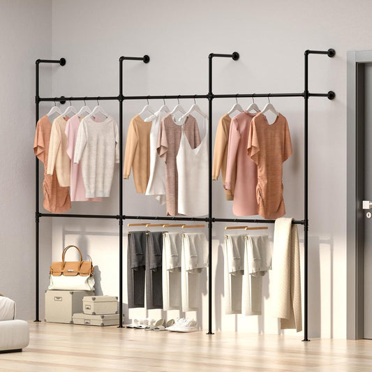 Industrial Pipe Clothing Rack Height Adjustable Garment Rack for Hanging Clothes, Heavy Duty Iron Clothes Rack