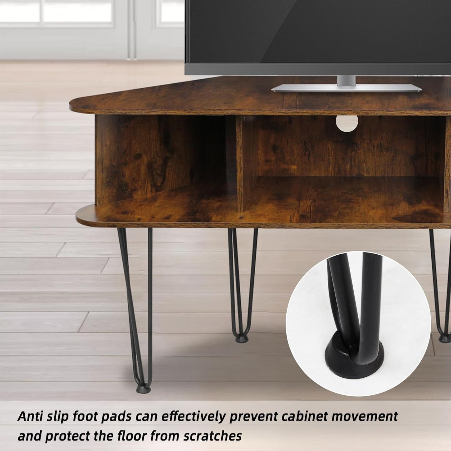 Corner TV Stand with 3 Open Divided Storage, Corner TV Console with Metal Feet and Anti-Slip Pads, Corner Entertain