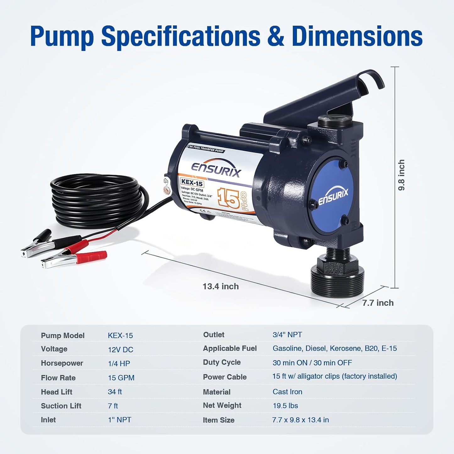 12V Fuel Transfer Pump 15 GPM, Diesel Transfer Pump 12 Volt with High Flow Manual Nozzle, Hose & Filter, Electric Gasoline Transfer Pump Kit for Fuel Tank, Gasoline, Diesel, Kerosene