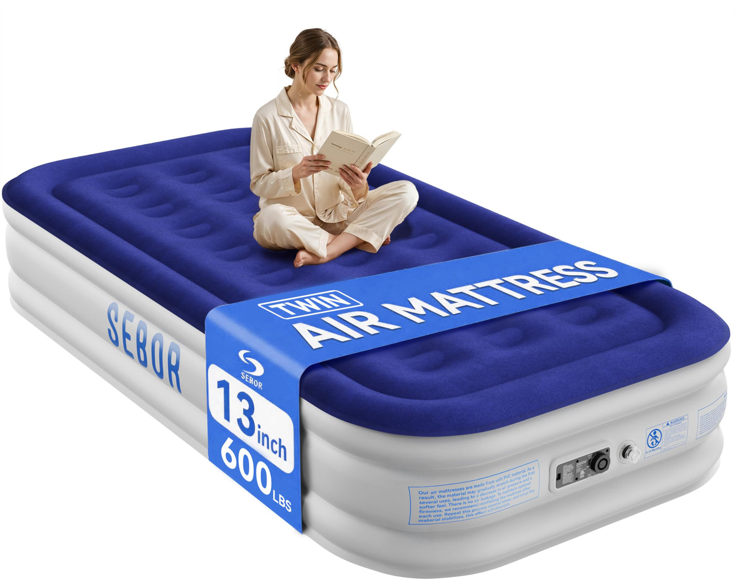 Air Mattress Twin with Built-in Pump 13", Comfortable Self-Inflating Blow up Mattress, Blue