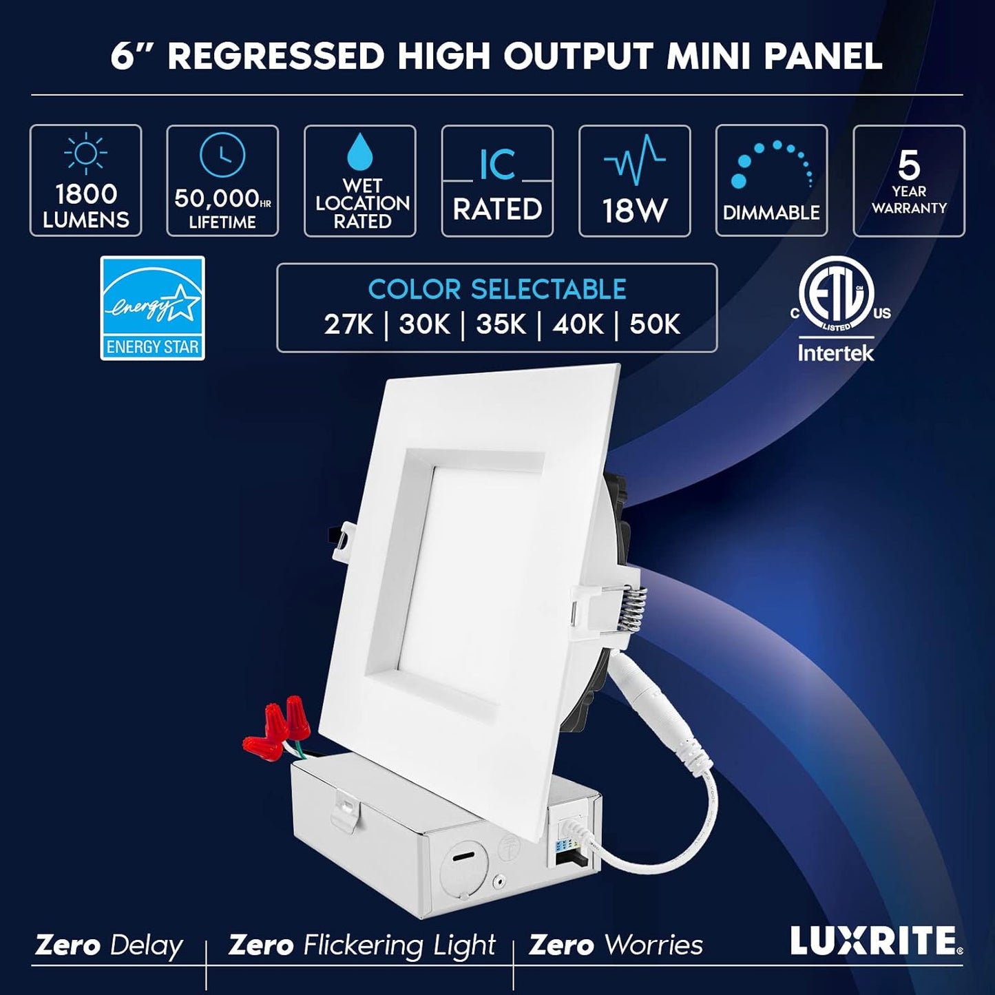 LUXRITE 6 Inch Square LED Recessed Ceiling Light with Junction Box, 18W, 5CCT Selectable 2700K/3000K/3500K/4000K/5000K, 1800LM High Brightness,