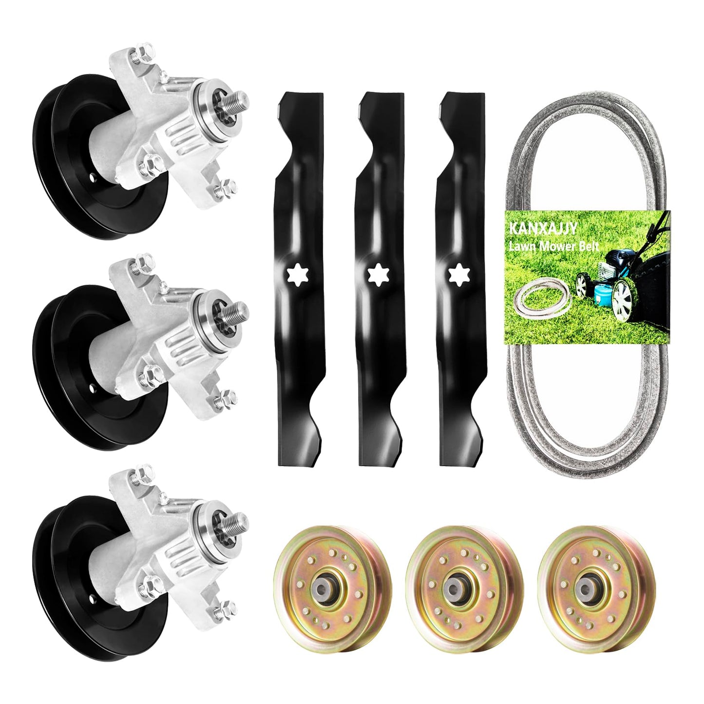 50inch Deck Rebuild Kit with 3xSpindles for 618-04126A + 3xBlades for 942-04053C + 3xIdler Pulleys for 956-04129C + 1xBelt for 954-04044 - for Cub Cadet RZT50 MTD 17AF2ACP004 Troy-Bilt MUSTANG RZT50