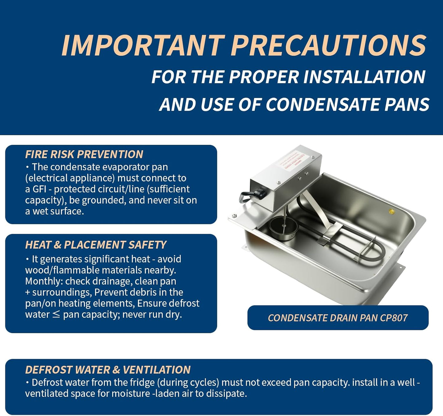 CP807 Stainless Steel Condensate Drain Pan with High-Limit & Float Safety Switches, NSF Certified for Commercial Refrigerators/Freezers Quick Evaporation