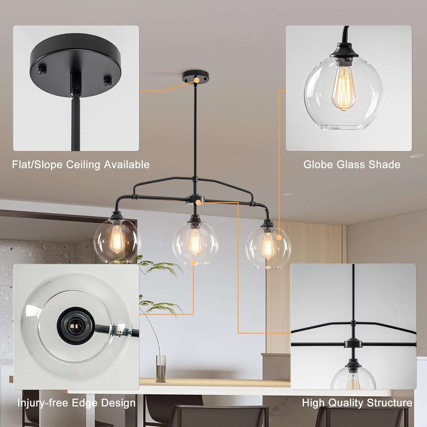 3 Lights Globe Pendant Light, Modern Hanging Lighting Fixture, Matte Black Cluster Chandelier with Clear Glass Shades