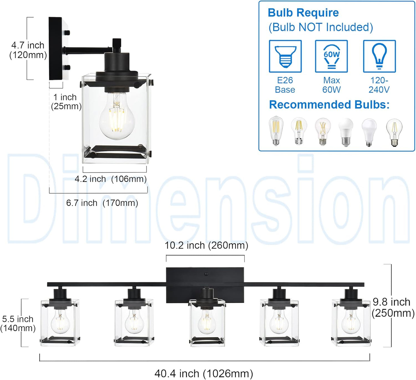 MELUCEE 5 Light Vanity Lights for Bathroom, 40 Inches Black Bathroom Light Fixtures Over Mirror Metal Wall Sconce Light with Rectangular Clear Glass