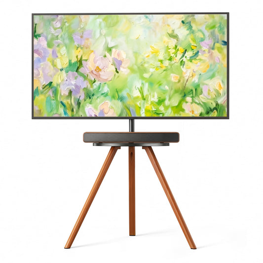 Wood Easel Tv Stand with Artistic Droplet-Shaped Shelf for 45 to 65 Inch Tvs, Swivel Height Adjustable Portable Tripod Tv Stand-Vesa Required Max 600 * 400 mm, up to 88 lbs, Black Walnut