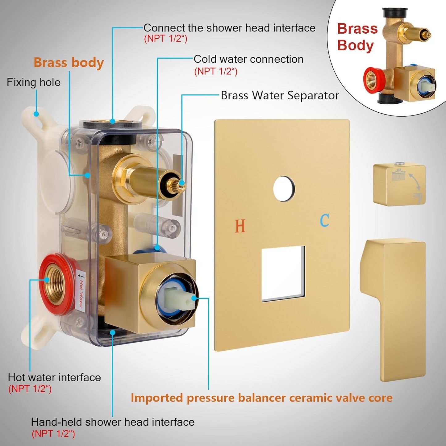 Baetuy Shower Faucet Set, 16 Inch Rainfall Shower System With full metal hand shower and square fixed shower Wall Mounted Shower Fixtures Paint Gold