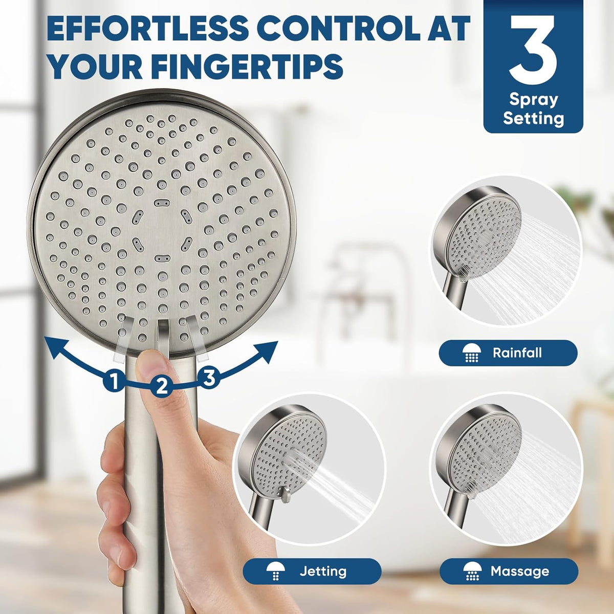 Cobbe® All Metal Handheld Shower Head, 3 Spray Settings, 1.8GPM