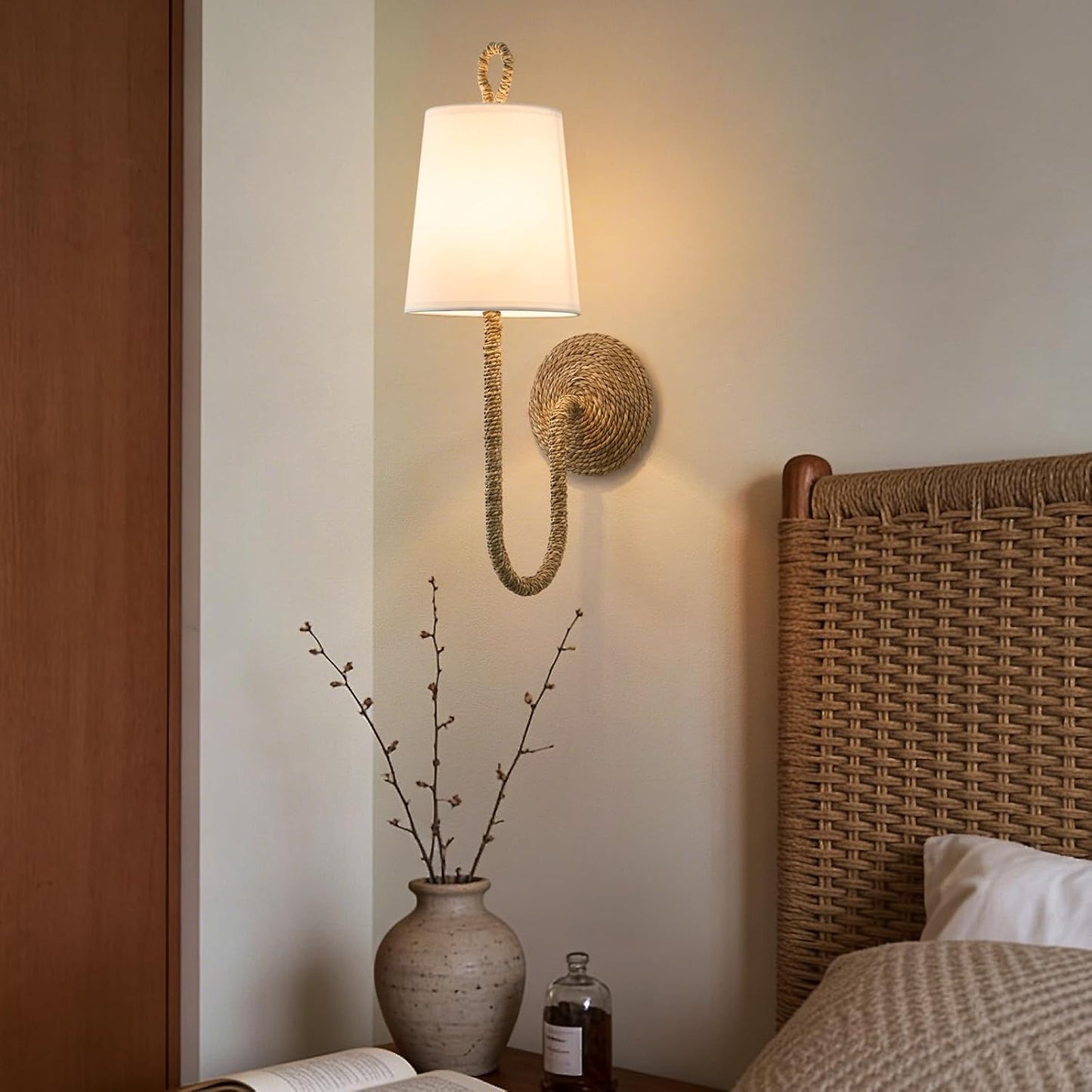Boho Coastal Rattan Wall Sconce - Set of 2 Bohemian Beachy Nautical Sconces - Natural Wicker Woven Light Fixture with White Fabric Scalloped Shade for Bedroom Living Bathroom Vanity Hallway Decor