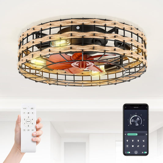 Low Profile Flush Mount Fandelier, Caged Ceiling Fan with Remote, Black Bladeless Enclosed Small Ceiling Fan Lights Fixtures for Bedroom Farmhouse (Rattan)